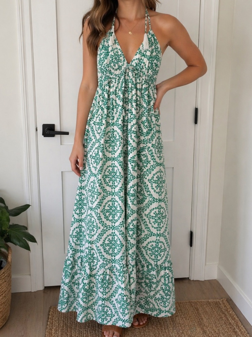 Pink Lily Green & White Halter Maxi Dress Resort Preppy Boho Summer- Size Large